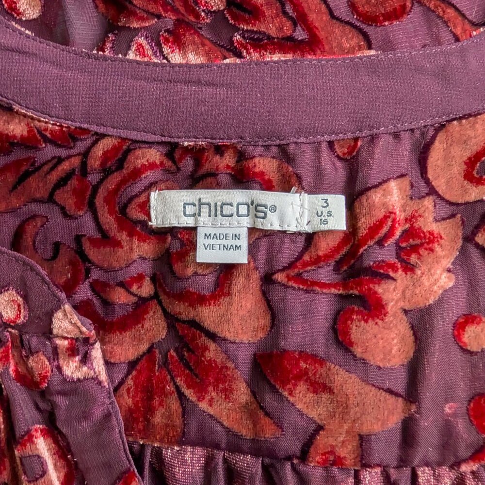 Chicos Velvet Burnout Blouse Size XL 3 Burgundy Long Sleeve Whimsigoth Victorian - Picture 6 of 6